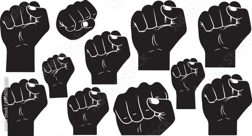 Collection of black fists in various positions and angles