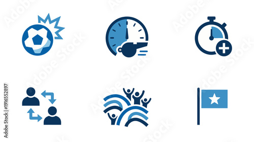 Soccer football icon set with game elements including ball, timer, goal, team, referee, and flag symbols, Perfect for football designs.