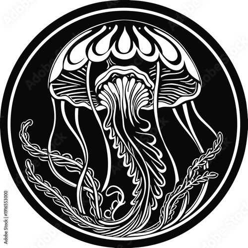 Vector jellyfish illustration in black and white circular frame