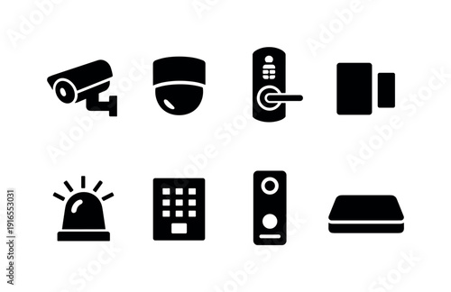 Home security hardware: security camera, motion sensor, door lock, window sensor, alarm siren, keypad panel, video doorbell, control hub