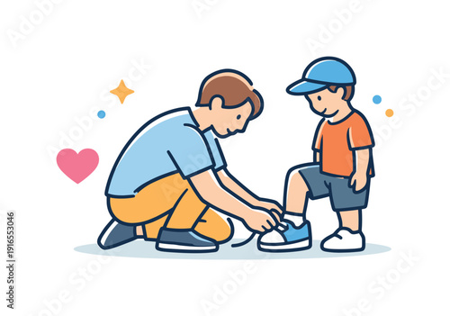 Parent care and everyday support in family life showing attention and emotional presence in simple moments, an adult gently tying a childs shoe next