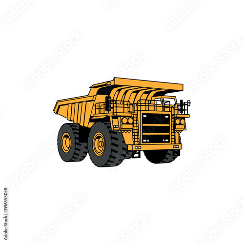 Illustration of a large yellow mining dump truck viewed from the side on a white background.