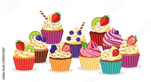 Colorful cupcakes with various toppings and decorations.