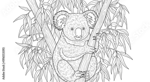 Line art of a koala clinging to a eucalyptus tree branch
