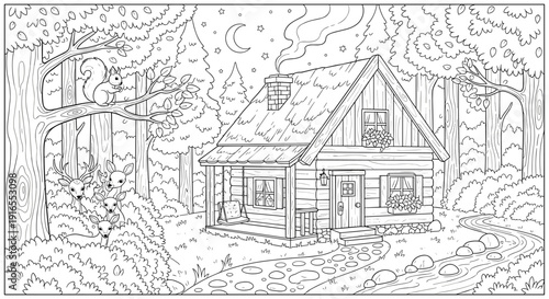 Woodland cabin scene with deer and squirrel at night