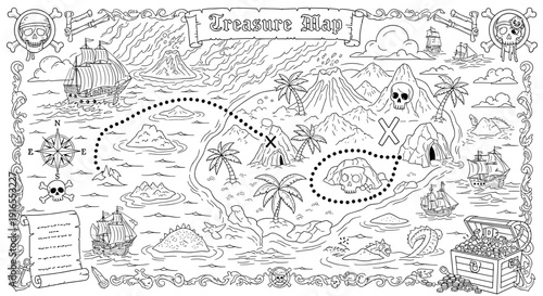Pirate treasure map with ships, islands, volcanoes, and X marks the spot, coloring page