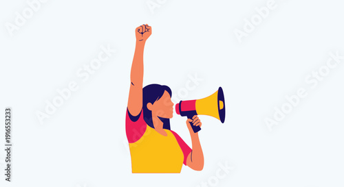 Woman holding megaphone and raising fist in protest.