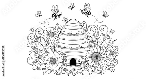 Beehive surrounded by flowers and flying bees, line art, coloring page