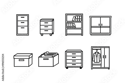 Professional office filing furniture: filing cabinet, mobile pedestal, bookshelf, storage shelf, document box, archive crate, drawer unit, coat locker