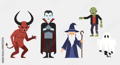Halloween characters including devil, vampire, wizard, ghost, and zombie.