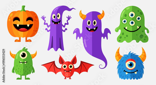 Colorful cartoon monsters and pumpkin for Halloween theme.