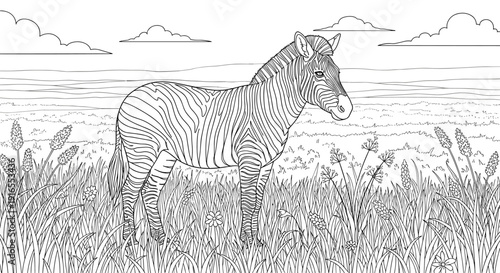 Zebra standing in tall grass on savanna landscape, coloring page