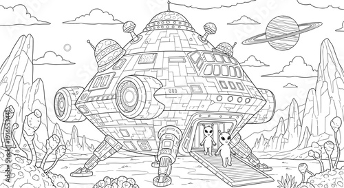 Alien spaceship landing on an extraterrestrial planet with two aliens, coloring page