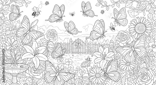Whimsical garden scene with butterflies, bees, and flowers, coloring page