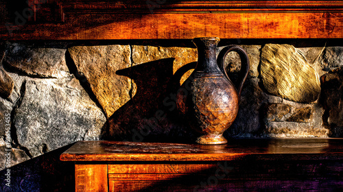 flagon. Antique flagon on wooden table near stone fireplace in rustic interior. lifestyle magazines, social media lookbooks, designed for influencer and brand collaborations.
