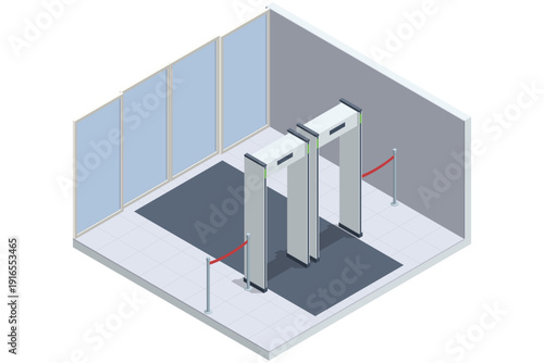 Metal detector. Isometric security zone with metal detector gate and barrier rope. Empty terminal interior with access control system and safety checkpoint equipment.