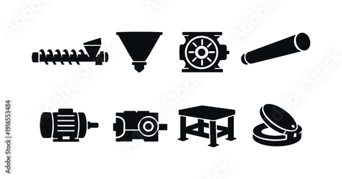 Industrial powder conveying equipment icon set showing screw conveyor, feed hopper, rotary valve, conveying pipe, drive motor, gearbox unit, support