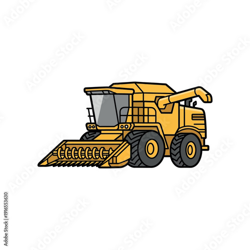 An illustration of a yellow combine harvester machine in a field environment.