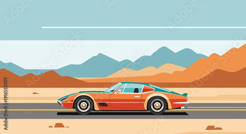 Vintage orange sports car speeding on desert highway with mountains.