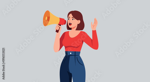 Woman holding megaphone and shouting loudly with enthusiasm.