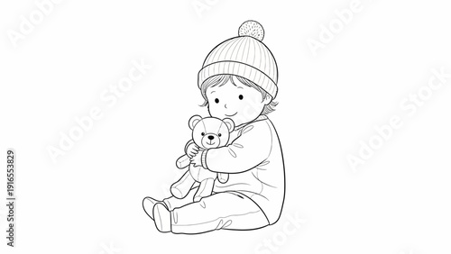 Cute baby in winter hat hugs teddy bear