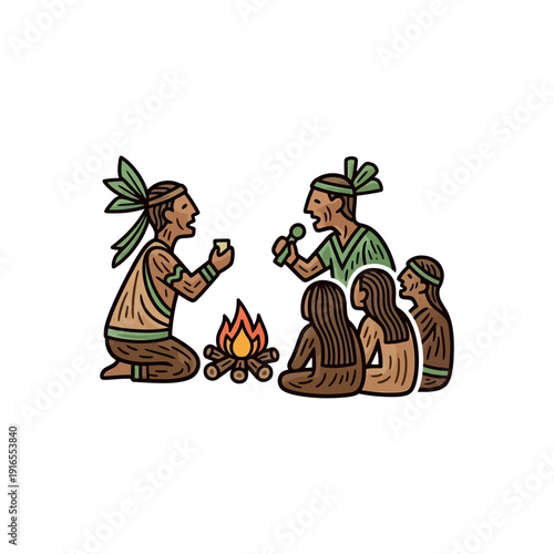 Tribal gathering around campfire, illustration of traditional ritual, people sitting, outdoors, serene atmosphere