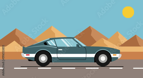 Vintage car driving through desert landscape with pyramids.