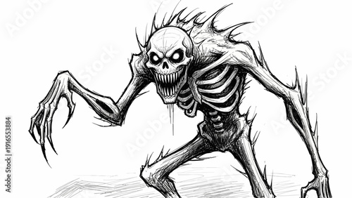 A menacing skeletal monster with sharp teeth and glowing eyes.