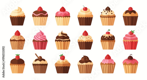 Assorted Cupcakes with Various Toppings and Frosting.