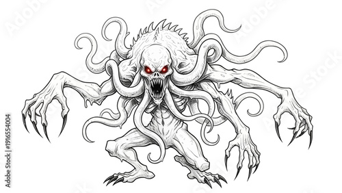 Frightening Tentacle Monster Illustration with Red Eyes