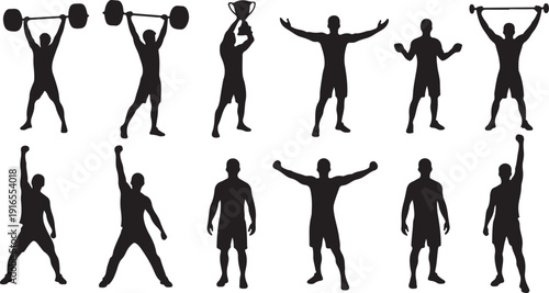 Silhouette of people exercising and lifting weights in various poses