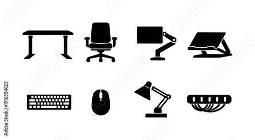 Office ergonomic workstation essentials icon set showing adjustable desk, office chair, monitor arm, laptop stand, keyboard, mouse, desk lamp, cable