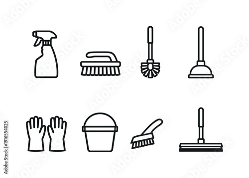 Home bathroom cleaning accessories: spray bottle, scrub brush, toilet brush, plunger, rubber gloves, cleaning bucket, grout brush, floor squeegee