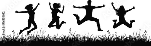 Group of happy people jumping silhouette outdoors, friends celebrating freedom, success, teamwork, energetic lifestyle, joy and motivation concept