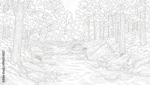 Line art drawing of a forest stream with rocks and trees
