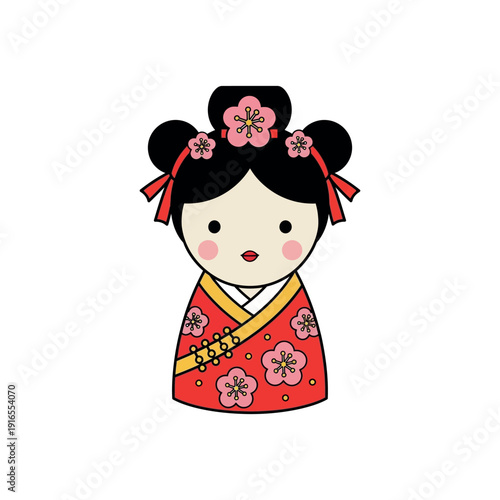 A cute cartoon geisha girl wearing a traditional Japanese kimono stands alone.