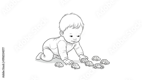 Adorable baby learning to crawl and playing with toy cars.
