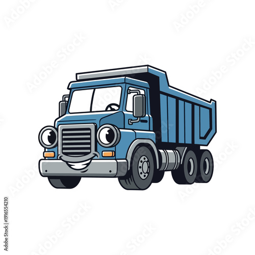 An illustration of a blue dump truck on a white background for construction sites.