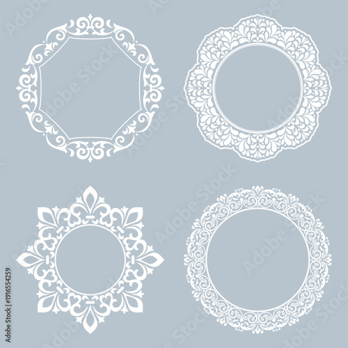 Set of decorative frames Elegant vector element for design in Eastern style, place for text. Floral gray and white frames. Lace illustration for invitations and greeting cards