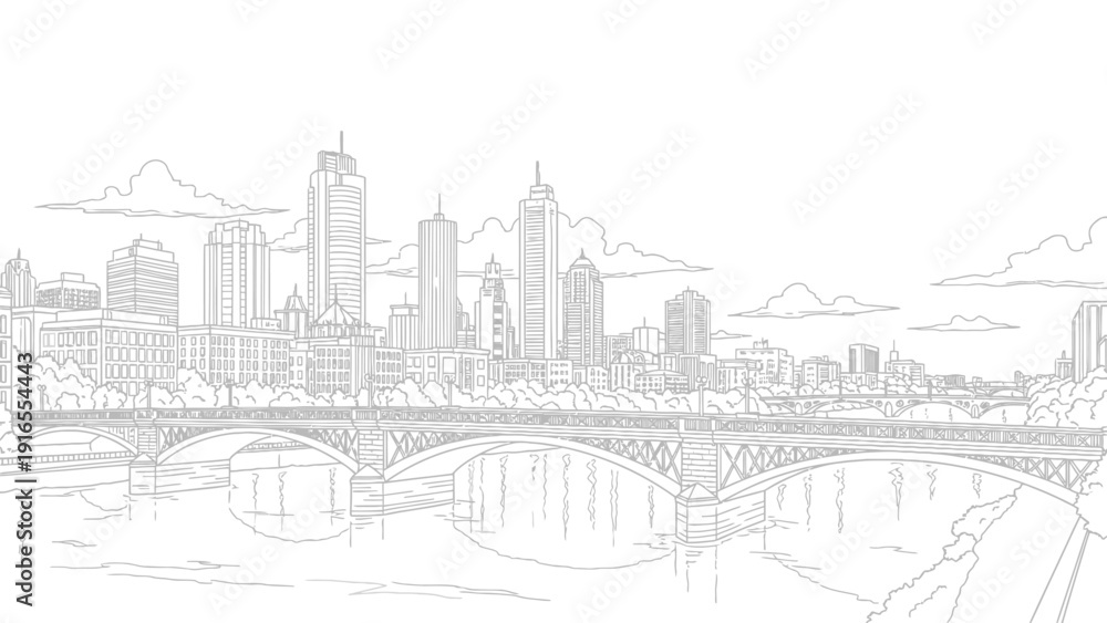 Fototapeta premium Sketchy city skyline with bridges and river on a cloudy day.