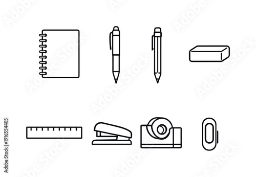 Office desk stationery essentials: notebook, ballpoint pen, mechanical pencil, eraser, ruler, stapler, tape dispenser, paper clip