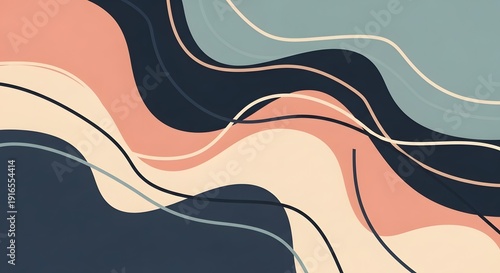 Abstract wavy lines pattern in muted pastel and dark blue colors, modern minimalist background design