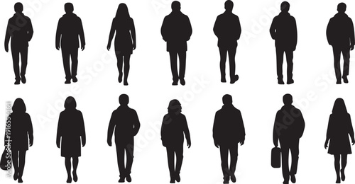 Silhouettes of people walking in various business attire styles