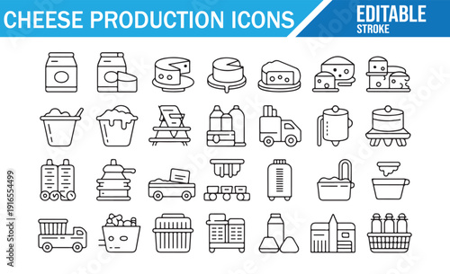 Industrial cheese production vector icon pack with stroke
