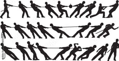 Silhouette of people pulling rope in various dynamic poses