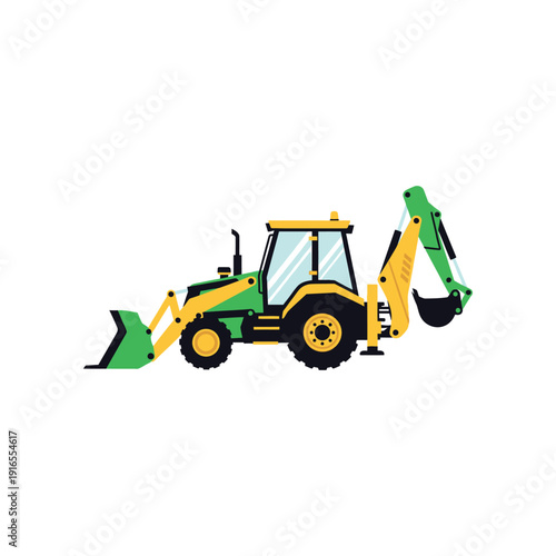 The green and yellow tractor with excavator arm and bucket is parked outdoors.