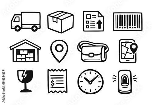 Logistics, Shipping, and Delivery Hand-drawn Doodle Icons Set on White Background