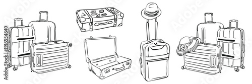 Hand drawn line art set of travel luggage. Open and closed suitcases with hats and without. Vector illustration drawn ink in a whimsical sketch style.
