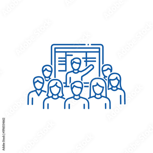 A group of people are listening to a presentation on a large screen display