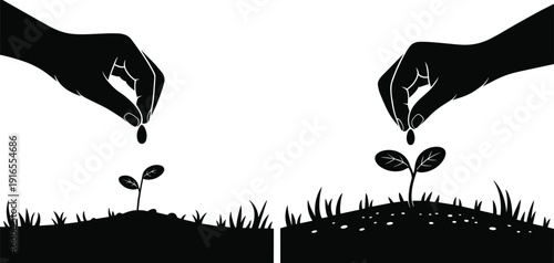 Hands sowing seeds in soil silhouette, plant growth and environmental sustainability concept, black vector isolated on white background